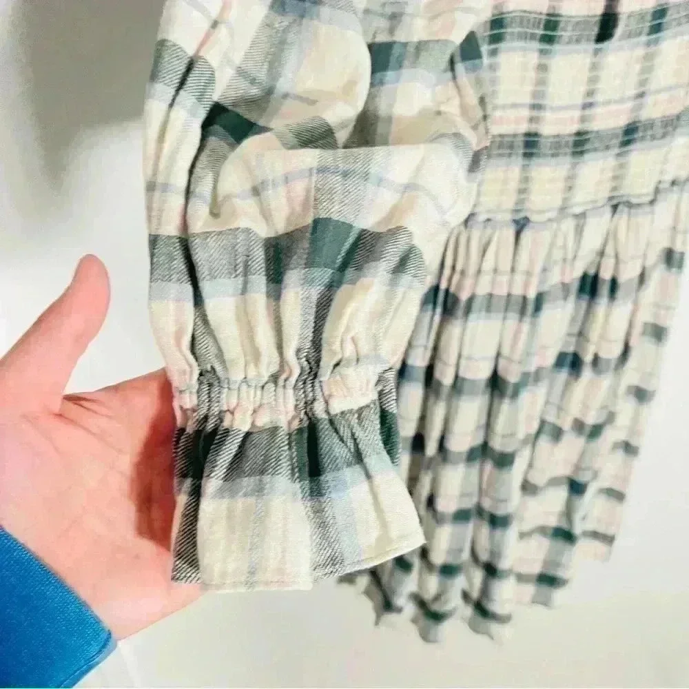 NWT Madewell Lucie Elbow-Sleeve Smocked Mini Dress Plaid